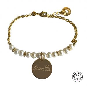Bracelet chaine, perles de culture et médaille ronde 19 mm