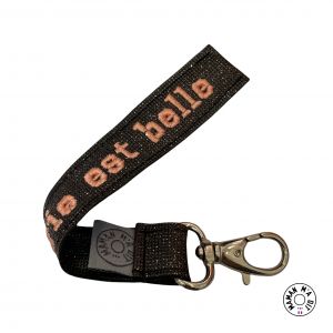 Porte clé brodé noir pailleté, broderie saumon