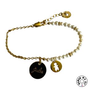 Bracelet médaille ronde 15 mm sur chaine et perles de culture et chaîne