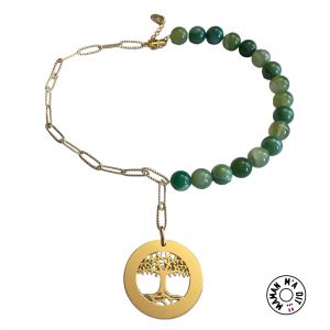 Collier arbre de vie 35 mm  sur chaine et perles agates naturelles