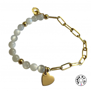 Bracelet perles pierre de lune 6 mm, chaine et coeur de coté