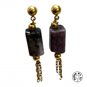 Boucles d'oreilles pierre  charoïte et pompon chaine