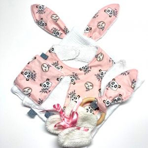 Coffret naissance pour bébé bavoir anneau dentition doudou et lingettes pandas roses et chaussons - Copie